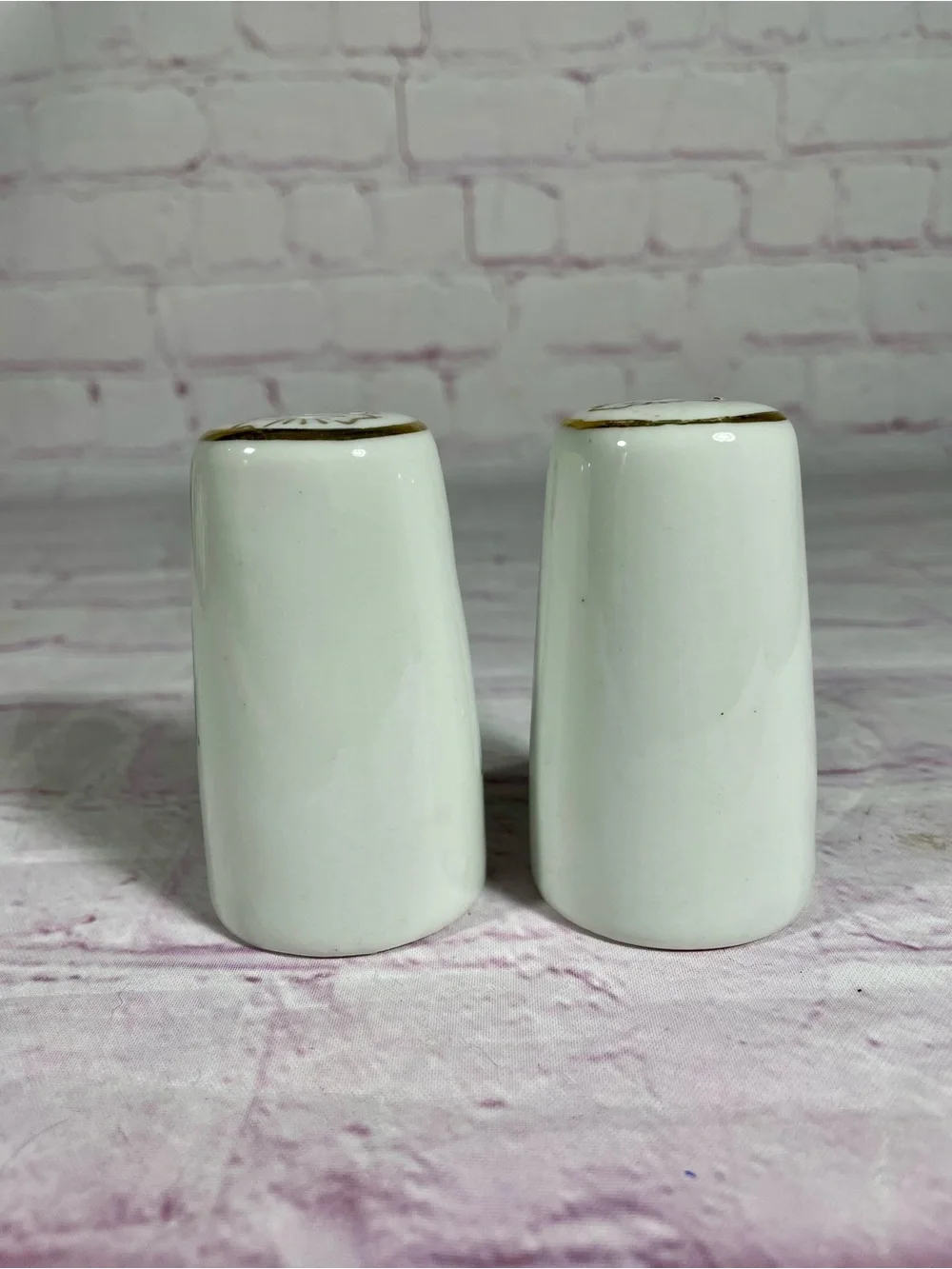 Vintage God Bless Our Home Gold Gilt Porcelain Salt and Pepper Shaker Pair